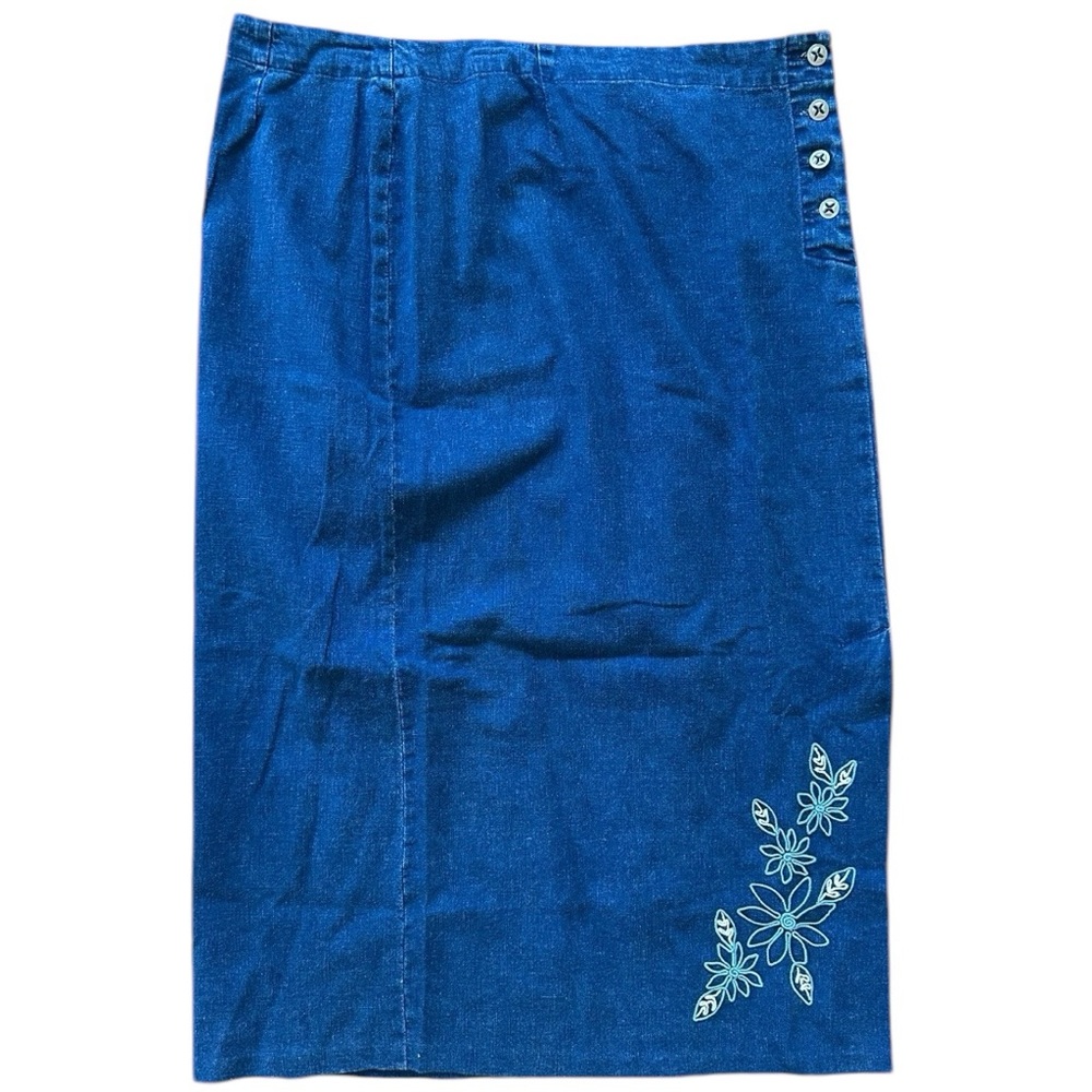 Deadstock 90s Vintage Denim Linen Midi Skirt Blue Floral Embroidery Size 14